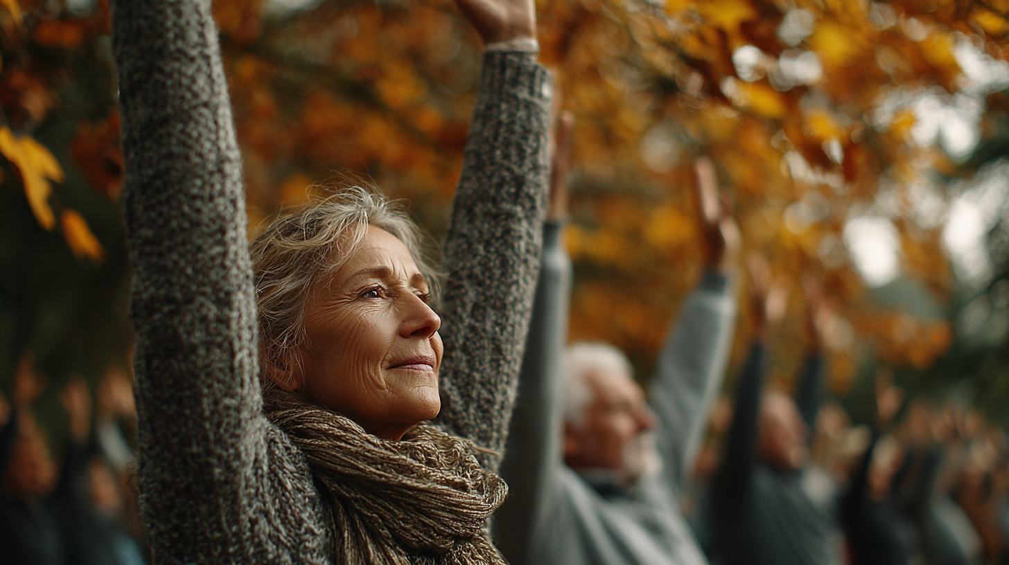 Старші люди практикують йогу в групі